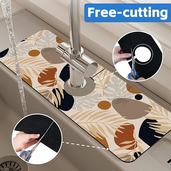 Boho Tropical Leaves Kitchen Sink Splash Guard Mat Absorbent Fast Drying Mat Faucet Draining Mat Sink Splash Guard Behind Faucet Drip Catcher for Kitchen Bathroom 5.5"×15"