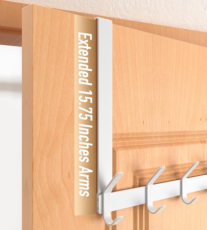 Long Over The Door Hooks Hanger with 15.75" Arms for for Easier Access by Shorter, J16U, Perfectly Fits US Standard 1 3/8-inch Doors, Towel Rack Bathroom Organizer Holder, White