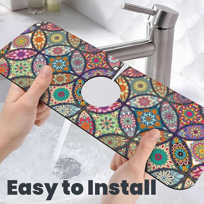 Boho Pretty Mandala Ceramic Rainbow Kitchen Sink Splash Guard Faucet Mat 1 Pcs, Absorbent Fast Drying Mat Gadgets Splash Guard For Bathroom 15 X 5.5 Inches