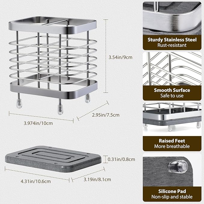 Shinowa Toothbrush Holder Wall Mounted for Bathroom, Stainless Steel Electric Toothbrush Toothpaste Holder with Fast Dry Tray, 2 Slots Adhesive and Countertop Bathroom Accessories Organizer, Silver