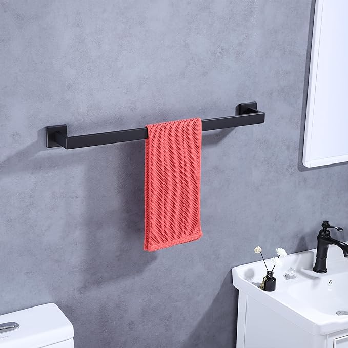 LANC 28-Inch Black Towel Bar for Bathroom Wall Mounted, Heavy Duty Towel Hanger Square Towel Rack SUS304 Stainless Steel Towel Rail Towel Rod Kitchen Lavatory Hand Towel Holder, A8804MB-7P1