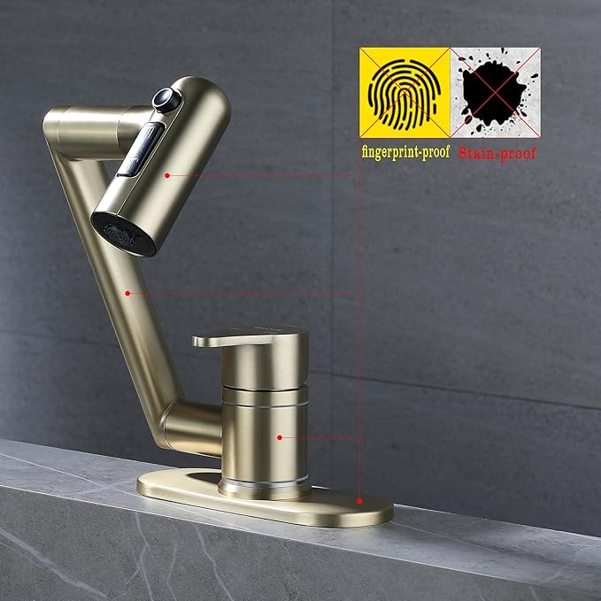 Bropury Rotatable Bathroom Faucets，Single Hole Golden Bathroom Faucet 1 Hole or 3 Hole，Lavatory Basin Vanity Faucet for RV Caravan Marine Boat Yacht(Brushed Gold) (Brushed Gold)