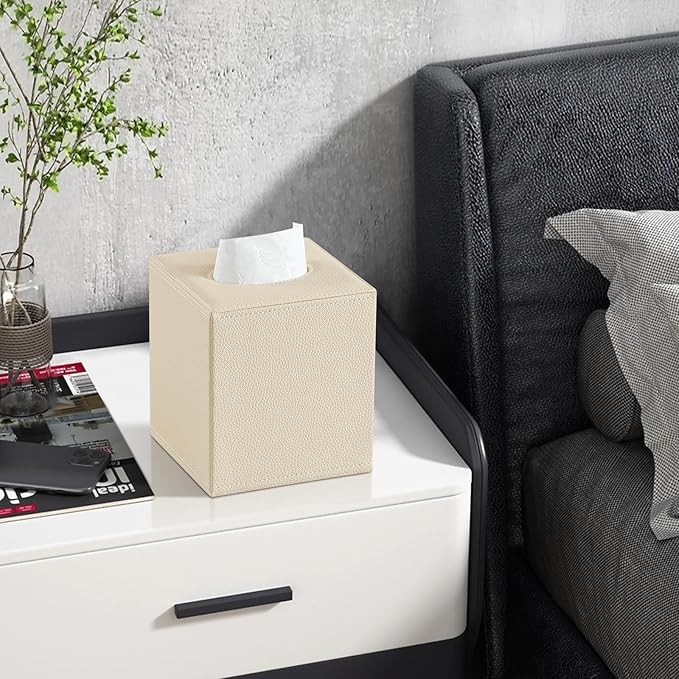 PU Leather Tissue Box Cover Square Tissue Box Holder with Magnetic Closure, Decorative Tissue Holder for Bathroom Bedroom Office (Beige)