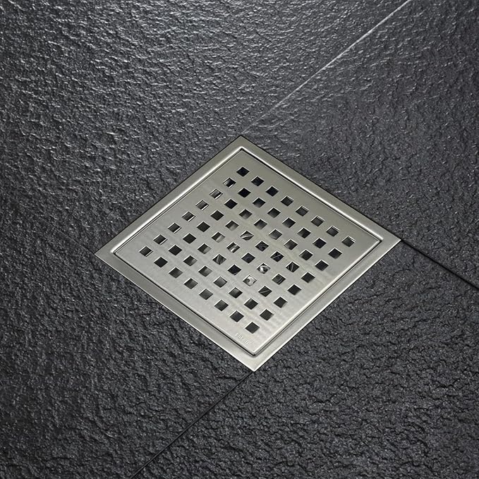 4 Inch Square Shower Drain with Flange, Removeable Grate SUS 304 Stainless Steel Shower Drain with Hair Catcher (Brushed Nickel, 4 Inch)