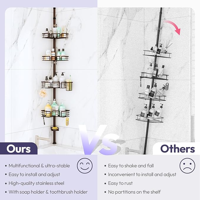 SWTYMIKI Shower Caddy Tension Pole - 4-Tier Corner Shower Organizer Tension Rod with Soap Holder, Toothbrush Holder & 4 Hooks, Adjustable Stainless Steel Bathroom Organizer 27.6 to 108.3 inch, Bronze