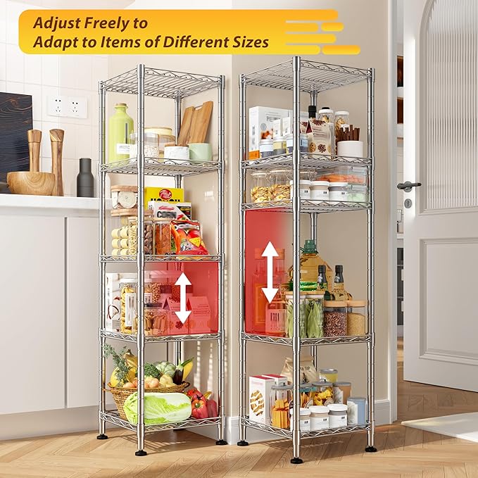 5 Shelf-Wire Shelving Metal Shelves Storage Rack:Adjustable Storage Shelves Standing Shelf Units and Narrow Shelf for Laundry Bathroom Kitchen Pantry Closet Office 12''Wx12''Dx49''H Chrome
