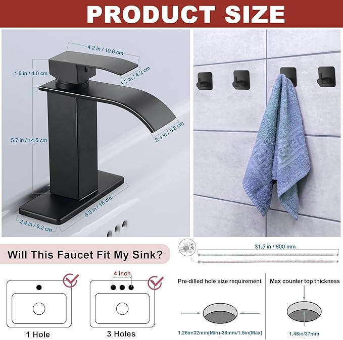 Matte Black Bathroom Faucet 3 Hole, Homikit 18/10 Stainless Steel Single Handle Waterfall Bathroom Sink Faucets Set for Sink 1 or 3 Hole for RV Vanity with Drain, Hooks, Deck Plate, Hoses