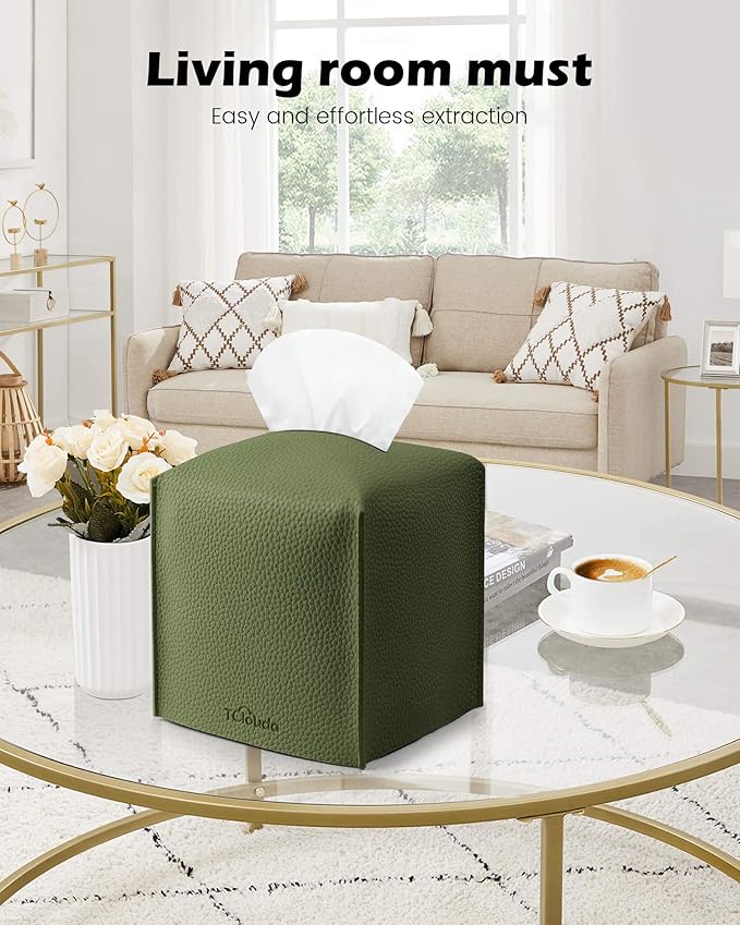 Tissue Box Cover for PU Leather, Modern Simple Solid Color Holder Square Tissue Bag, Ideal for Bathrooms,Office,Car,Nightstand,Outdoor Tent,Dining Table,5"X5"X5", Double Green