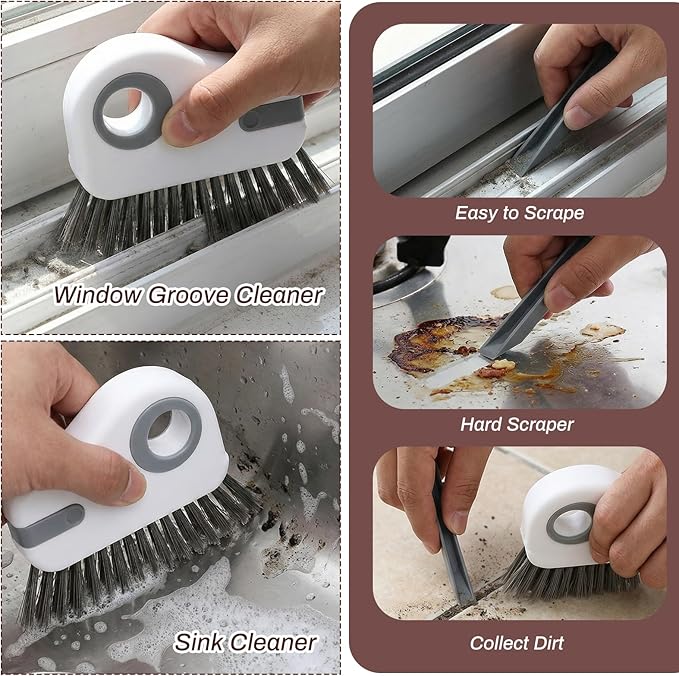 2 PCS Groove Cleaning Brush, 2 in 1 Window Track Cleaning Tool Crevice Cleanings Brush Multifunction Hard Bristle with Hidden Scraper Grout Cleaner Grip Brushes for Slid Door Track Window Sill