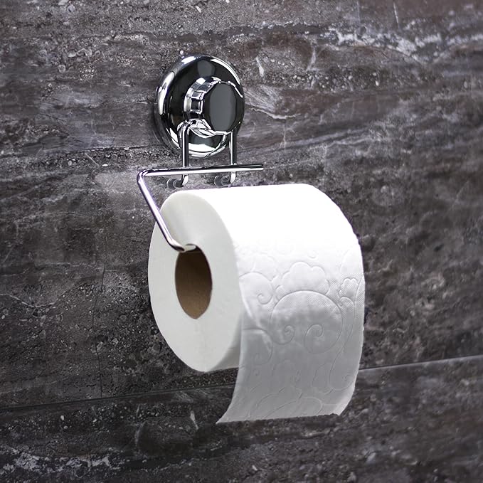 Powerful Vacuum Suction Cup Toilet Paper Holder – Wall Mount Stainless Steel Tissue Roll Dispenser for Bathroom & Kitchen – Can be Mounted on Clean Flat Smooth Surface (Chrome)