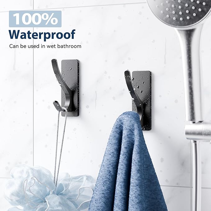 Self Adhesive Towel Hooks: Extra Strong 13LB, Stainless Hook for Hanging Loofah, Towels, Coat, Bath Robe Bathroom Shower, Black, 4 Pack