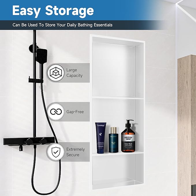 Shower Niche 13 × 31, 3 Shelves Wall Niche Recessed Shelf for Bathroom Storage, Shower Niche Insert Tile Ready No Tile Needed Over Mount Installation, White