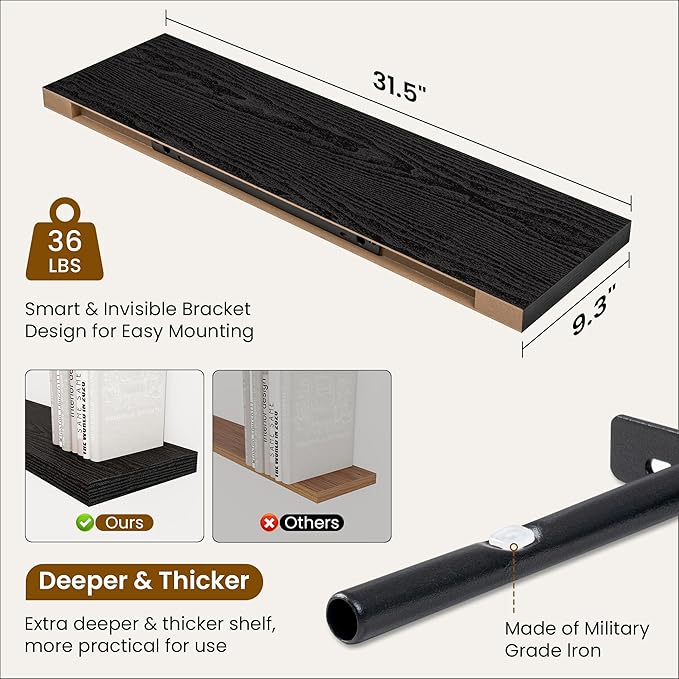 Fun Memories Floating Shelves for Wall, 32 Inch Rustic Wood Wall Mounted Shelves for Bathroom, Bedroom, Kitchen, Living Room, Deep Floating Shelves for Storage & Home Decor (Black, Set of 2)