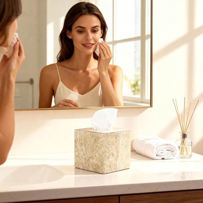 Natural Marble Tissue Box Holder Cover, Square Cube Tissue Box Holder with Open Bottom for Bathroom Vanity Tops, Bedroom Dressers, Kitchen Countertop, Light Brown (NS042)