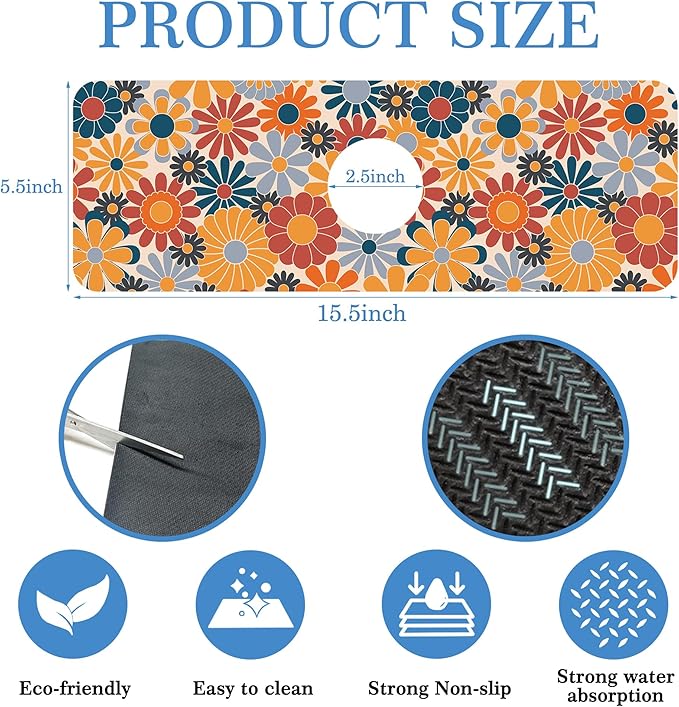 Retro Abstract Floral Faucet Mat Splash Guard Colorful Floral, Soft Diatom Mud Material, Strong Water Absorption, Non-slip,Easy to Clean for Bathroom, Kitchen 15"X5.5"