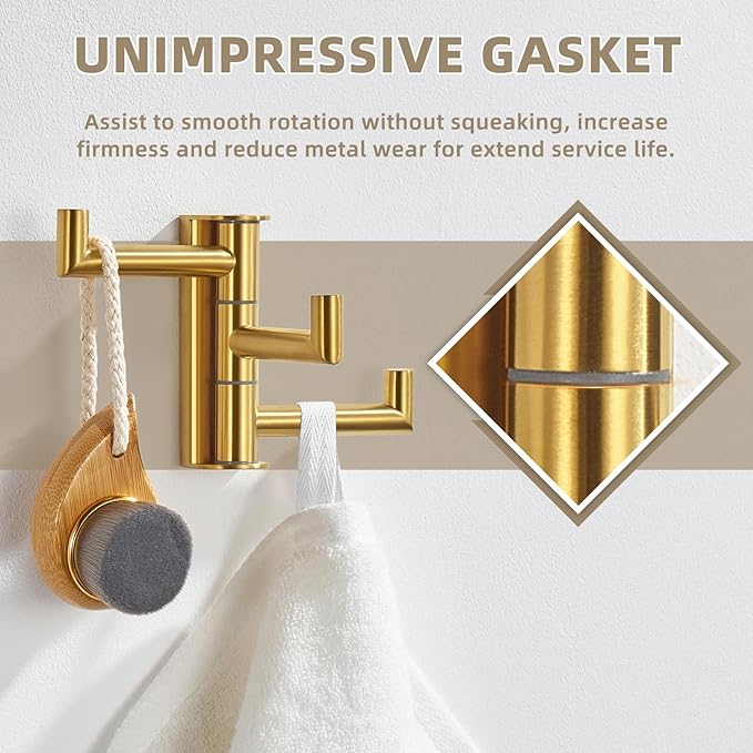 Suyar Brushed Gold Towel Hook, SUS 304 Stainless Steel Bathroom Coat Robe Holder with 3 Swivel Arms, Wall Hook for Kitchen Entry Garage