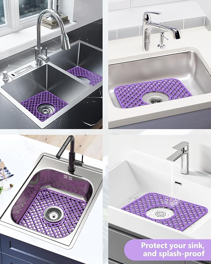 2 Pack Silicone Sink Protector for Kitchen Sink, Lozenge Pattern 12 x 11" Sink Grid Mat Silicone Protectors, Center Drain, Purple