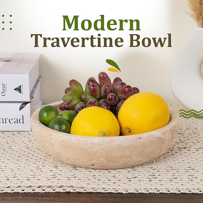 Travertine Decorative Bowl - 7.8” Diameter & 2” Height - Key Bowl for Entryway Table - Travertine - Organic Modern Centerpiece - Beige/Natural