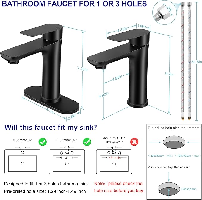 Homikit Matte Black Bathroom Faucet for 1 Hole or 3 Holes, 18/10 Stainless Steel Single Handle Bathroom Sink Faucets for RV Vanity Basin Lavatory Bath with Pop Up Drain & 2 Supply Hoses