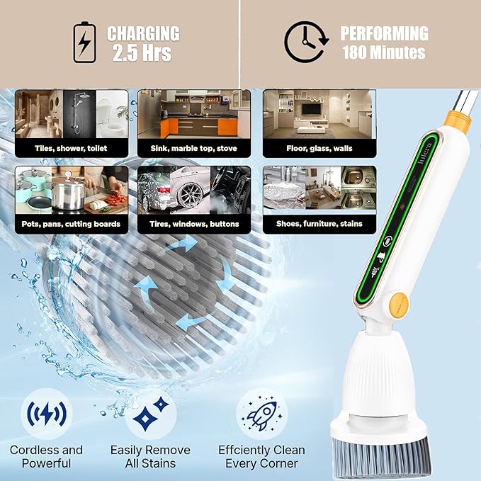 Smart Electric Spin Scrubber PRO| 2025 New Upgraded Quiet Cordless Shower Scrubber with 8 Replaceable Brush Heads|IPX7 Waterproof for Bathroom Tile Grout Kitchen Oven & Floor|Powerful and Efficient