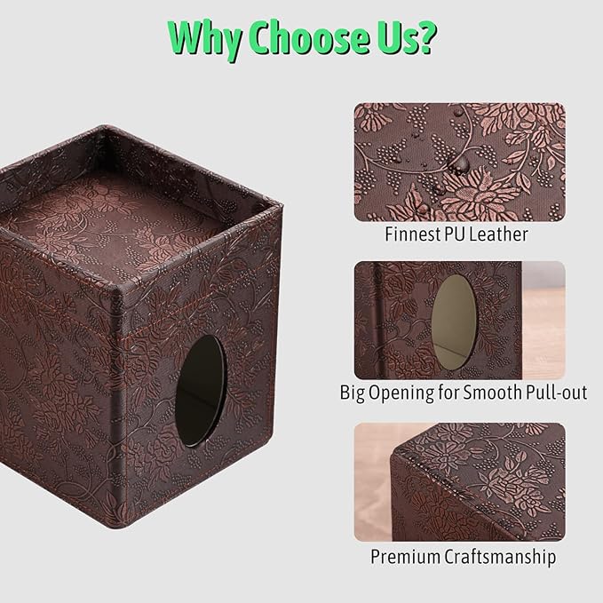 Tissue Box Cover, PU Leather Square Tissue Box Holder with Upper Storage Tray for Bathroom/Countertop/Nightstand/Office Table - Antique