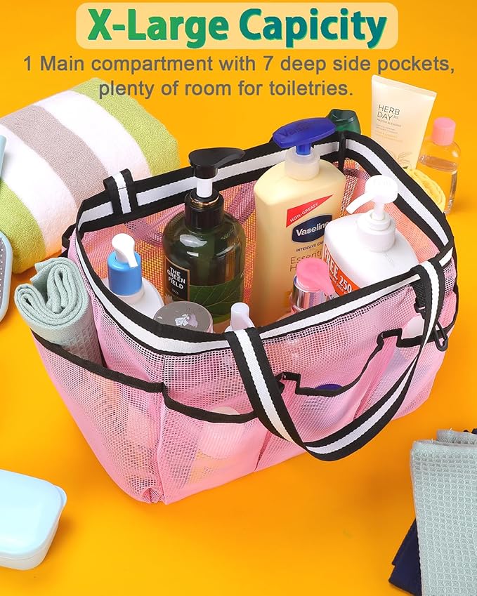 Ocim Large Portable Mesh Shower Caddy Bag Tote for Big Size Shampoo Bottles, Collapsible Quick Dry for College Dorm, Camping, Beach Pool Bathroom, Pink