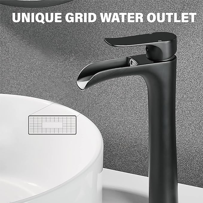 YUNDOOM Matte Black Vessel Sink Faucet, Deck Mount, Single Hole, Waterfall Design, Easy Installation, Durable, Drip-Free, Ceramic Disc Cartridge Valve, Solid Brass Material