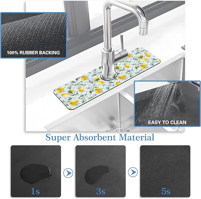 Faucet Mat for Kitchen Sink Sicilian Watercolor Lemon Blue Tile, Soft Diatom Mud Material, Strong Water Absorption, Non-slip, Easy to Clean for Bathroom, Kitchen 15"X5.5"