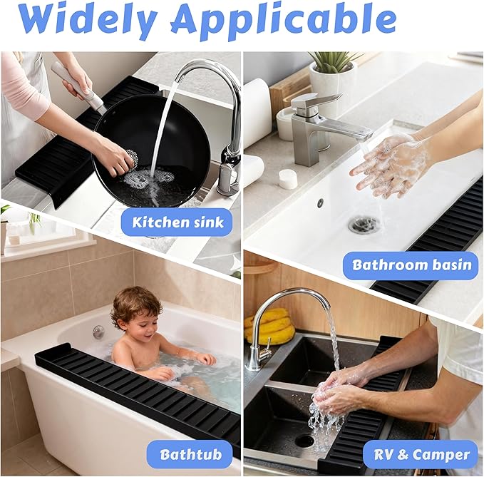 Silicone Sink Edge Protector 14", Kitchen Faucet Splash Guard with Suction Cups, Tilt and Cuttable Edge Guard, Multi-function Sink Accessories for Kitchen, Bathroom, Steel, Granite, Quartz Countertop