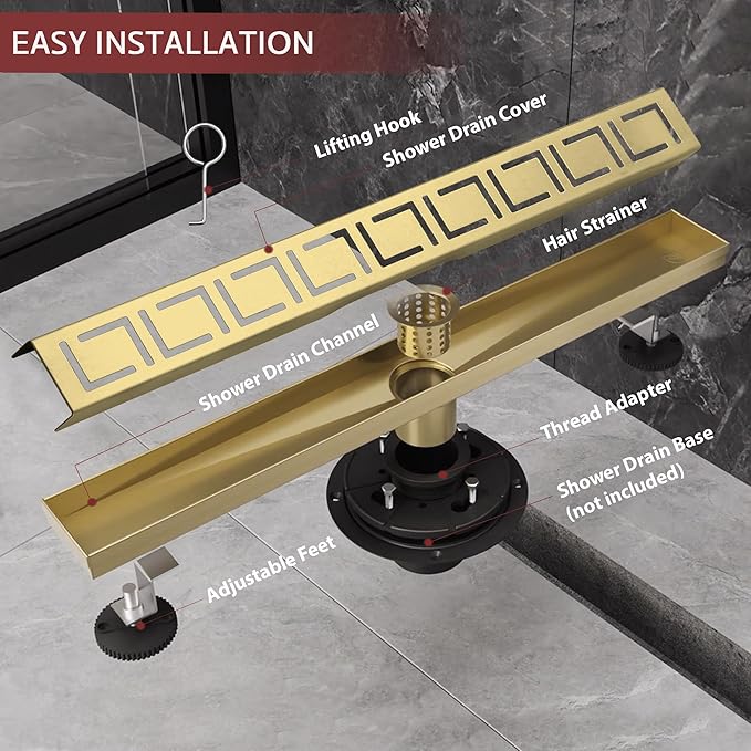 48 Inch Linear Shower Drain, Brushed Gold Shower Drain, Removable Grate, 304 Stainless Steel, Easy to Install and Clean for Bathrooms (Drain Base Not Included), LSD-30A-48G