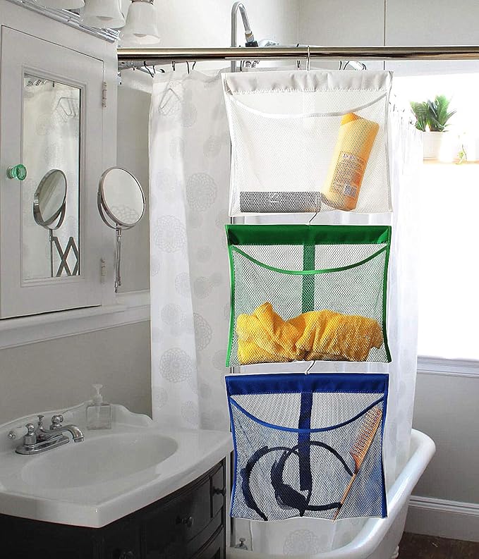 Portable Mesh Pocket with Rotatable Hanger, Quick Dry Serial Type Bath Storage Organizers for Travel, Camper, RV, Gym, Cruise, Cabin, College Dorm Shower(Gray)