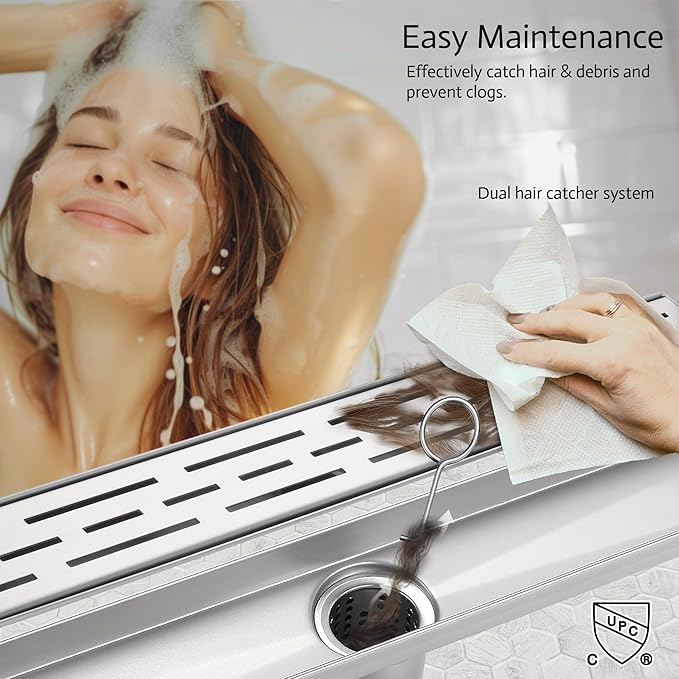 28 Inch Linear Shower Drain, Brushed Nickel Shower Drain,Removable Grate, 304 Stainless Steel, Easy to Install and Clean for Bathrooms (Drain Base Not Included),LSD-01A-28S