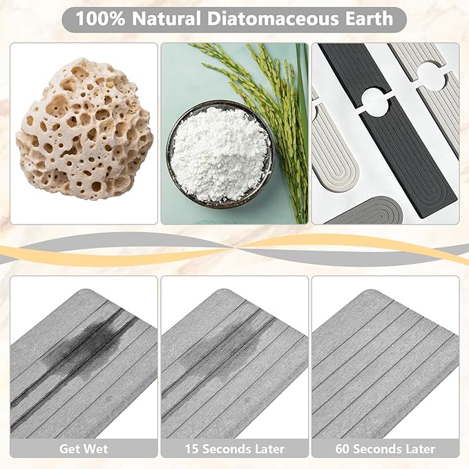 Stone Faucet Mat for Kitchen Sink - Drying Stone with Non-slip Pads, Sink Water Splash Guard for Bathroom Counter, Sink Caddy Holds Soap & Tools, 23.6 × 3.9in, Light Gray, Curved Lines