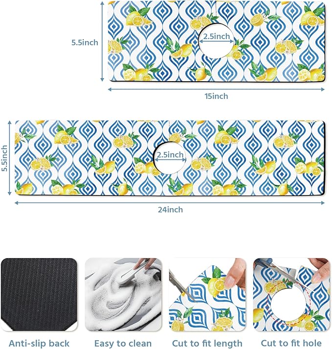 Patterned Sink Faucet Mat Kitchen Splash Guard Super Absorbent Drying Mat, Non-Slip Drain Pad for Kitchen Counter or Bathroom-24x5.5in