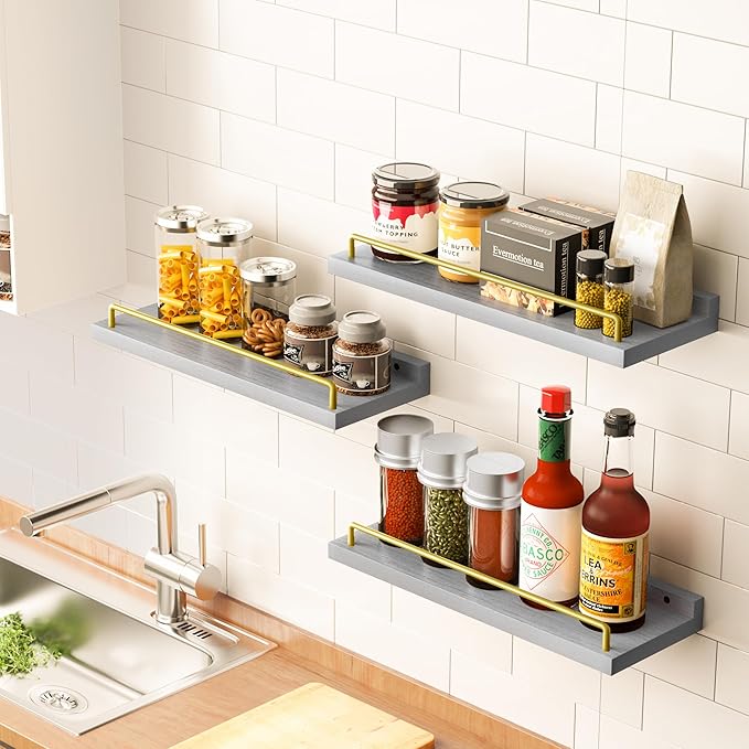 Floating Shelves for Wall Decor, Grey and Gold Shelves for Bathroom, Living Room, Bedroom, Picture Frames, Plants, Kitchen (Set of 3)