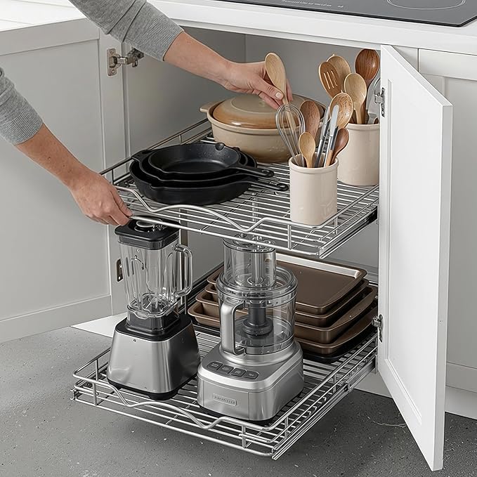 HOLDN’ STORAGE Two Tier Pull Out Cabinet Organizer, Individual Sliding Drawers - Heavy Duty Metal with Lifetime Limited Warranty - Anti Rust Chrome Finish - 15" W x 21”D x 16.5" H
