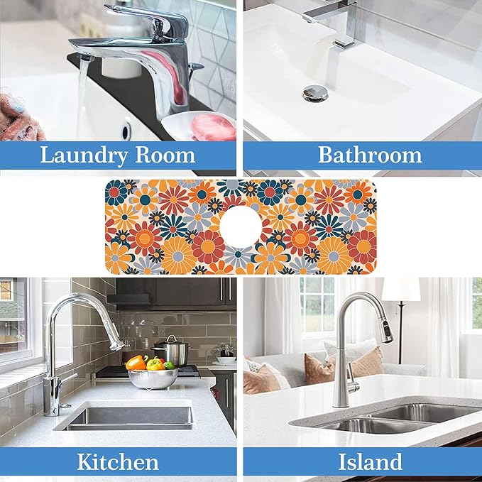 Retro Abstract Floral Faucet Mat Splash Guard Colorful Floral, Soft Diatom Mud Material, Strong Water Absorption, Non-slip,Easy to Clean for Bathroom, Kitchen 15"X5.5"