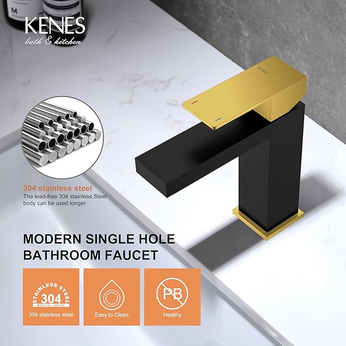 KENES Single Handle Bathroom Sink Faucet, Black and Gold Bathroom Faucets Single Hole, Vanity Faucet with Pop Up Drain and Supply Lines, Matte Black/Brushed Gold LJ-9031-BG