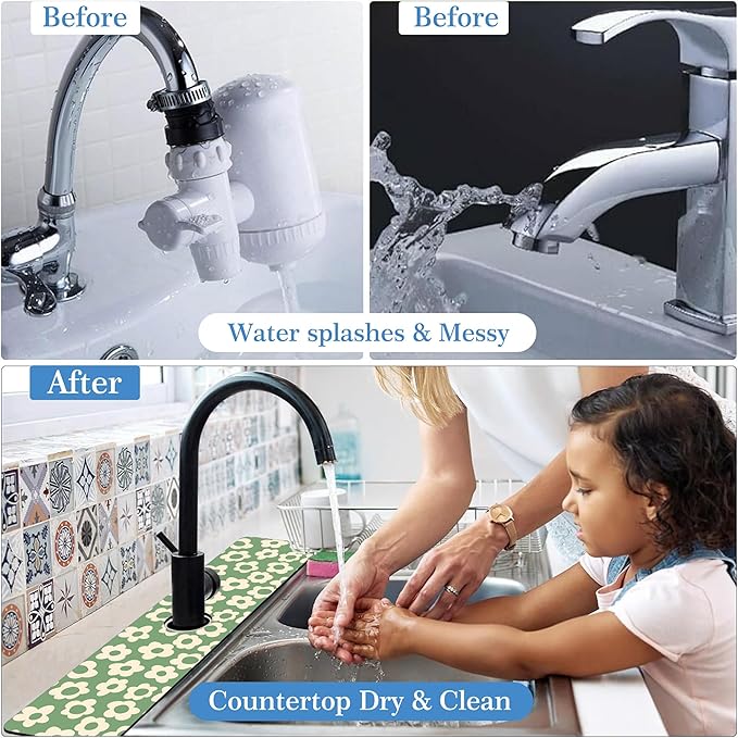 Faucet Mat Splash Guard Groovy Flower Silhouette, Soft Diatom Mud Material, Strong Water Absorption, Non-slip,Easy to Clean for Bathroom, Kitchen 23.5"X5.5"
