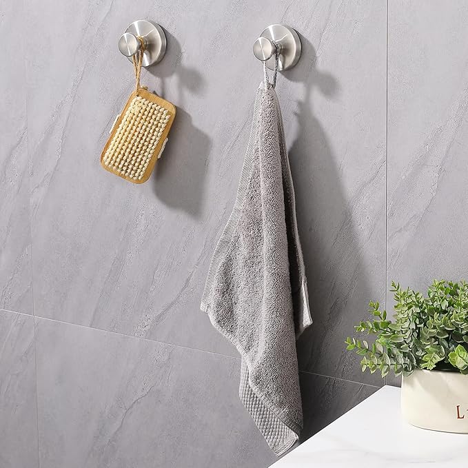 Suction Cup Hooks for Shower 2 Pack Stainless Steel No Drill Removable Waterproof Rustproof for Bathroom Kitchen Glass Mirror Tile to Hang Towels Robes Loofah Wreath (Brushed Silver)