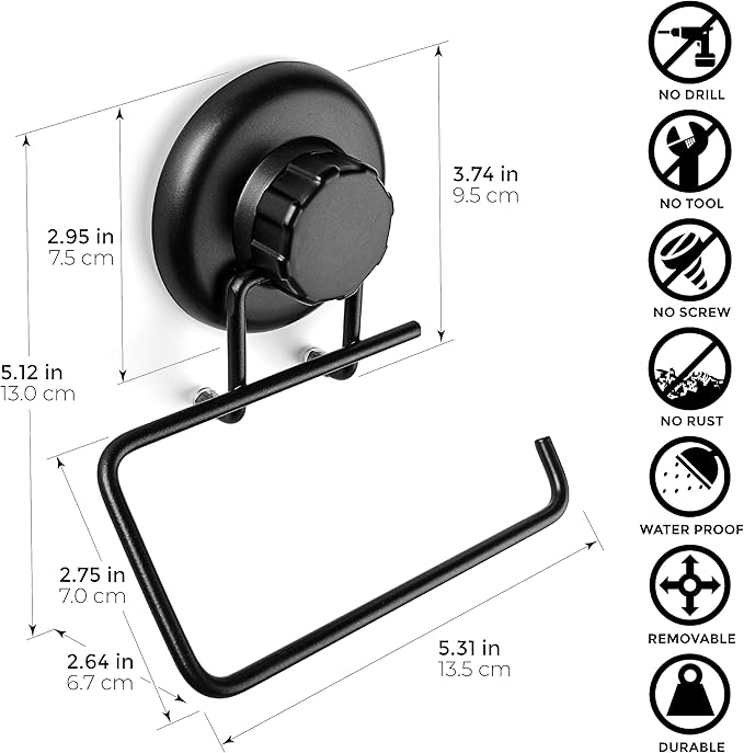 Powerful Vacuum Suction Cup Toilet Paper Holder – Wall Mount No Drilling Bathroom Stainless Steel Tissue Roll Dispenser – Adhesive 3M Stick Disc Included (Black)