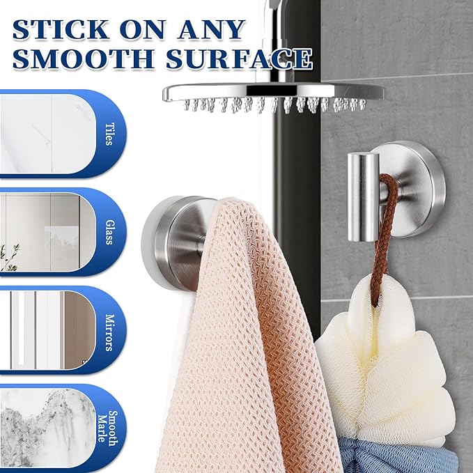 Suction Cup Hooks No Drill Stainless Steel Shower Hooks Towel Hook Robe Hook Heavy Duty on Smooth and Non-Porous Surfaces in Bathrooms Kitchen Bedroom (2, Brushed Nickel)