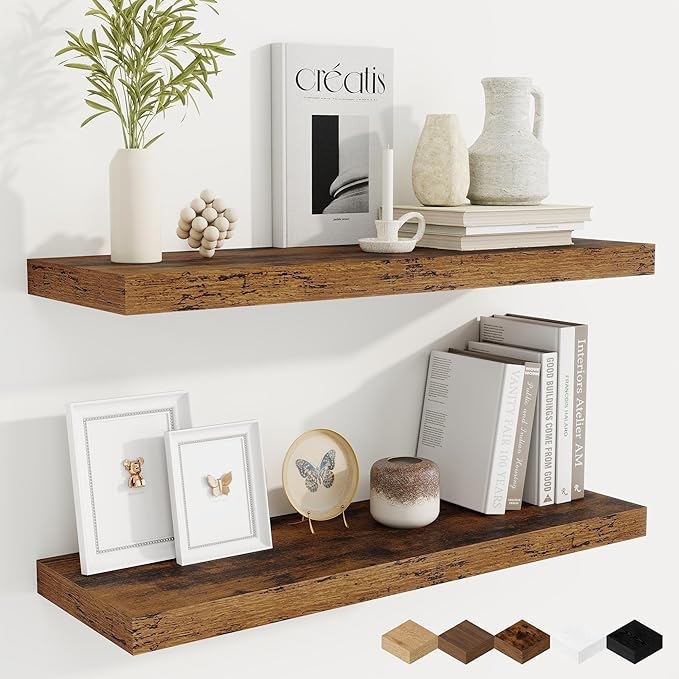 Fun Memories Floating Shelves for Wall, 30 Inch Rustic Wood Wall Mounted Shelves for Bathroom, Bedroom, Kitchen, Living Room, Deep Floating Shelves for Storage & Home Decor (Brown,Set of 2)