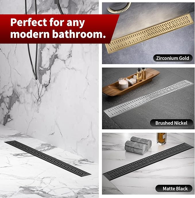 Sharp-tec Linear Shower Drain, 28 inch Shower Drain with Removable Pattern Cover, Matte Black 304 Stainless Steel Rectangle Floor Drain, Adjustable Feet and Hair Strainer Included