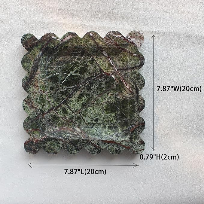 Natural Luxury Marble Tray with Scalloped Edge, Handmade Square Decorative Tray, Catch All Tray for Counter, Dresser, Nightstand and Home Décor (Rain Forest Green)