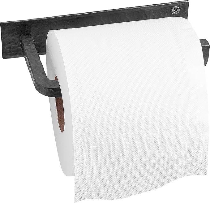 Wrought Iron Toilet Paper Holder – Rustic Wall-Mount Tissue Holder for Bathroom – Vintage Farmhouse Style - 6.6 x 3.2 Inches (Black)