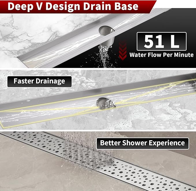 Sharp-tec 28 inch Linear Shower Drain, Brushed Rectangular Floor Drain, V-Shape Design Drain Channel, 304 Stainless Steel, cUPC Certificated for Bathroom Shower Room (Drain Base is Not Included)