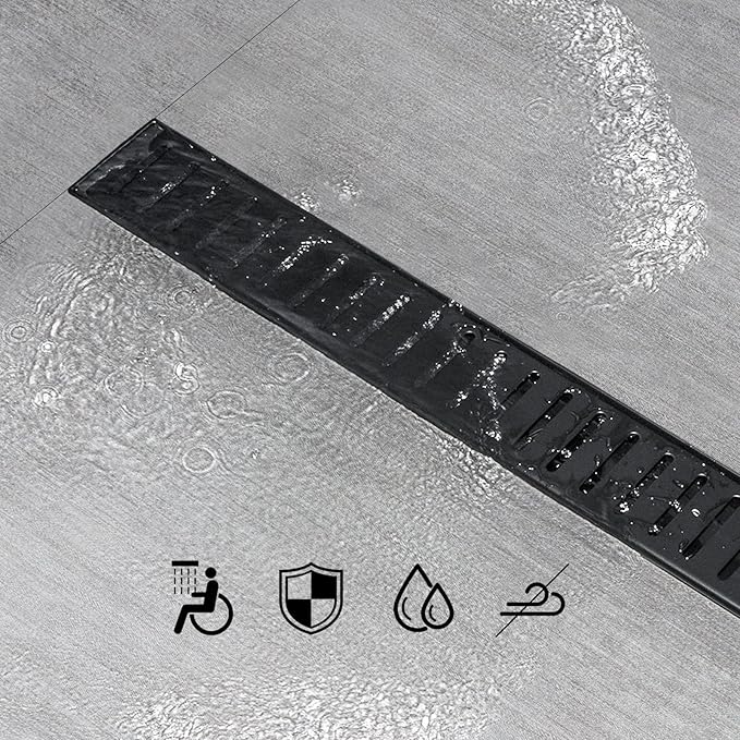 SaniteModar Linear Shower Drain, 24 inch Matte Black Shower Drain with Removable Capsule Pattern Grate,304 Stainless Steel Shower Drain Include Hair Strainer,Adjustable Leveling Feet