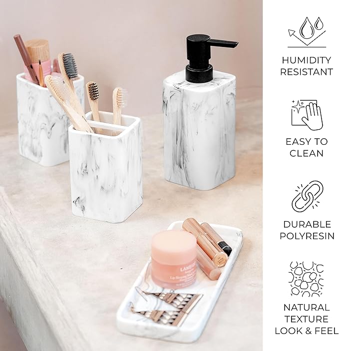 ZCCZ Bathroom Accessory Sets, 4 Pieces Bathroom Accessories Complete Set Vanity Countertop Accessory Set with Marble Look, Includes Lotion Dispenser Soap Pump, Tumbler, Toothbrush Holder and Tray