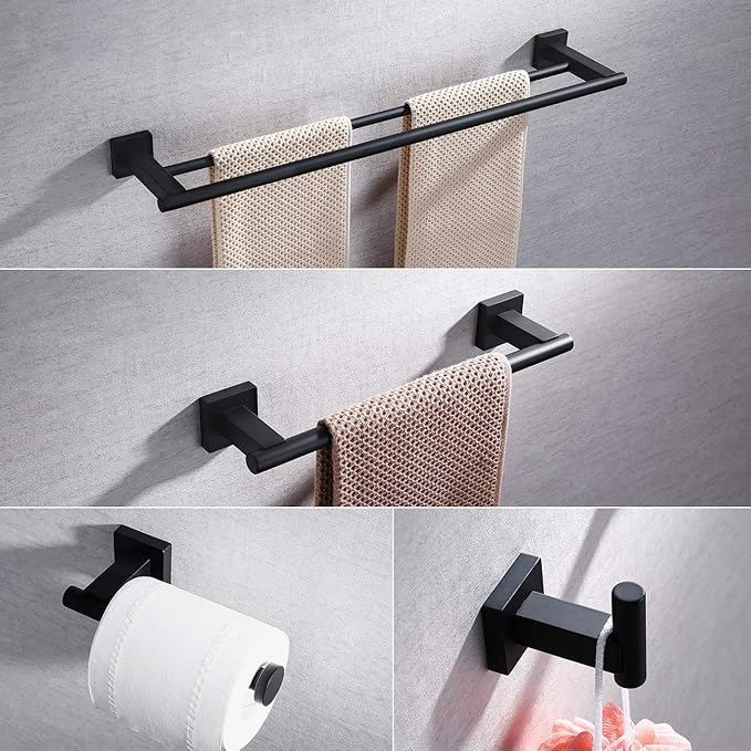 Miyili Matte Black 4-Piece Bathroom Hardware Kit Set Stainless Steel Wall Mount - Includes Double Towel Bar, Hand Towel Rack, Toilet Paper Holder, Robe Hook, BS02B4